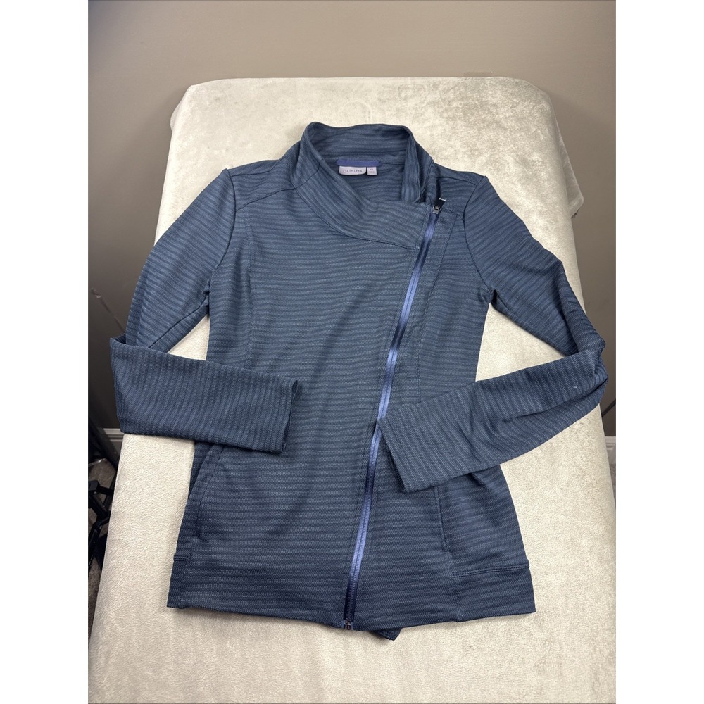 Athleta Women Jacquard Asymmetrical‎ Zip Moto Athletic Jacket XS Navy Blue EUC